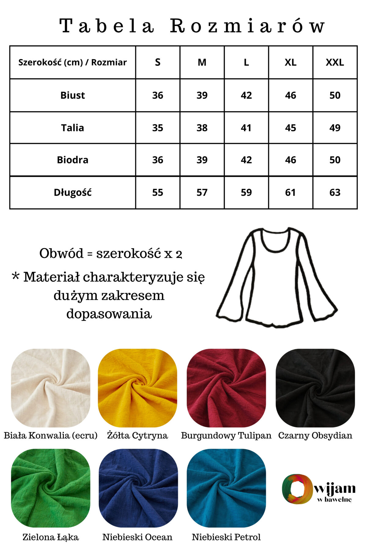 tabela rozmiarow bluzka top bawelna