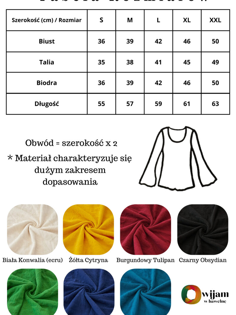 tabela rozmiarow bluzka top bawelna