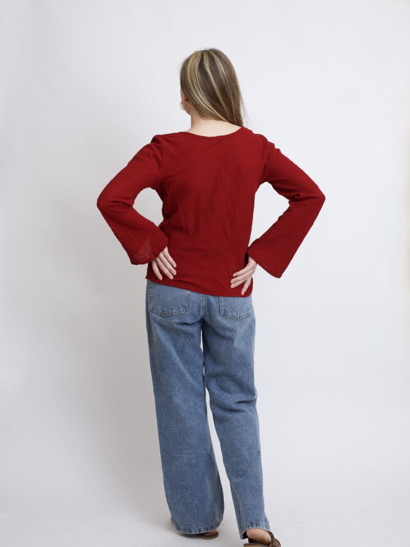 damska bluzka bawełniana z szerokimi rękawami. Bluzka w kolorze burgund