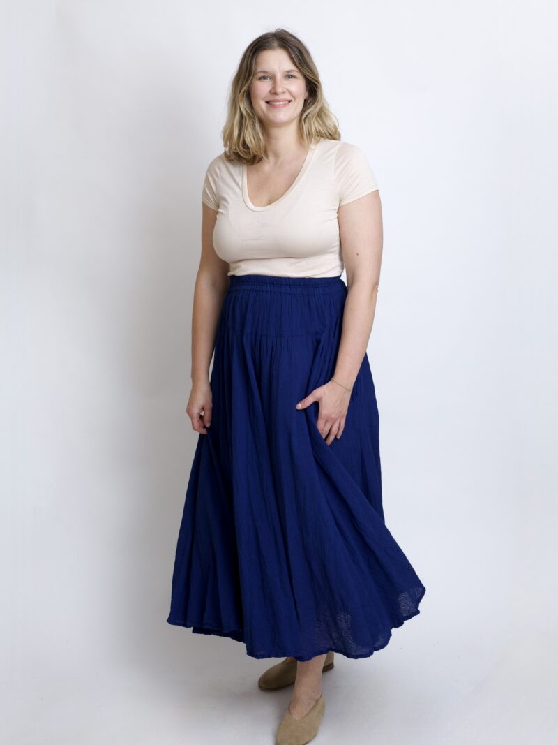 Granatowo - Niebieska spódnica plisowana długa z pełnego koła bawełniana