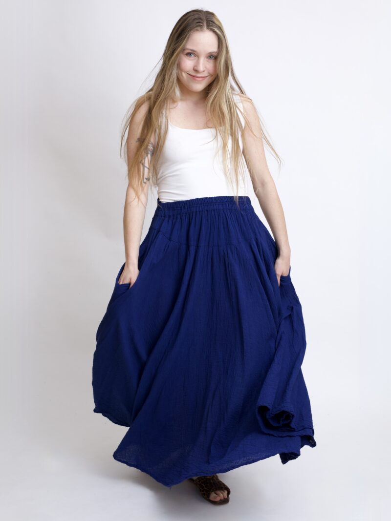 Granatowo - Niebieska spódnica plisowana długa z pełnego koła bawełniana