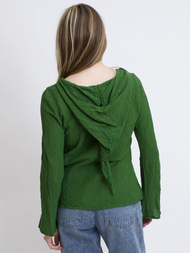 damska bluzka top ze spiczastym, elfickim kapturkiem. Rozkloszowane rękawy, wykonana z bawełny organicznej w kolorze zielonym