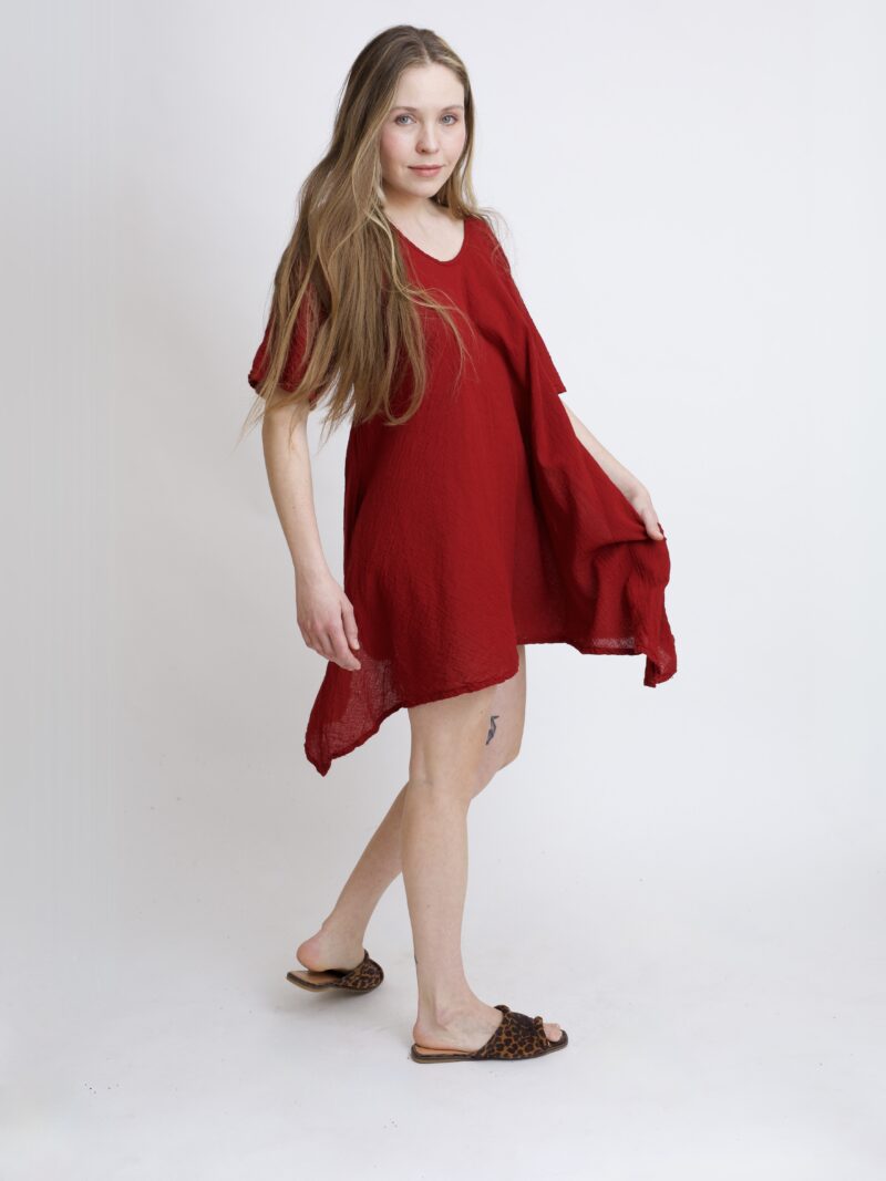 tunika damska oversize, bawełniana z długimi bokami w kolorze burgund