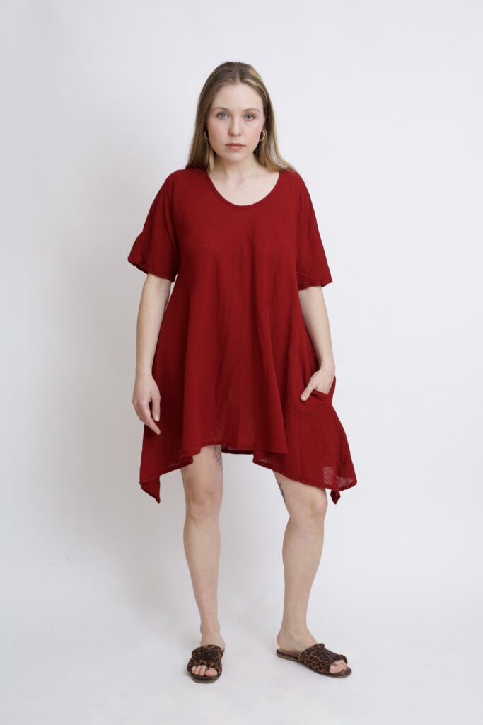 tunika damska oversize, bawełniana z długimi bokami w kolorze burgund