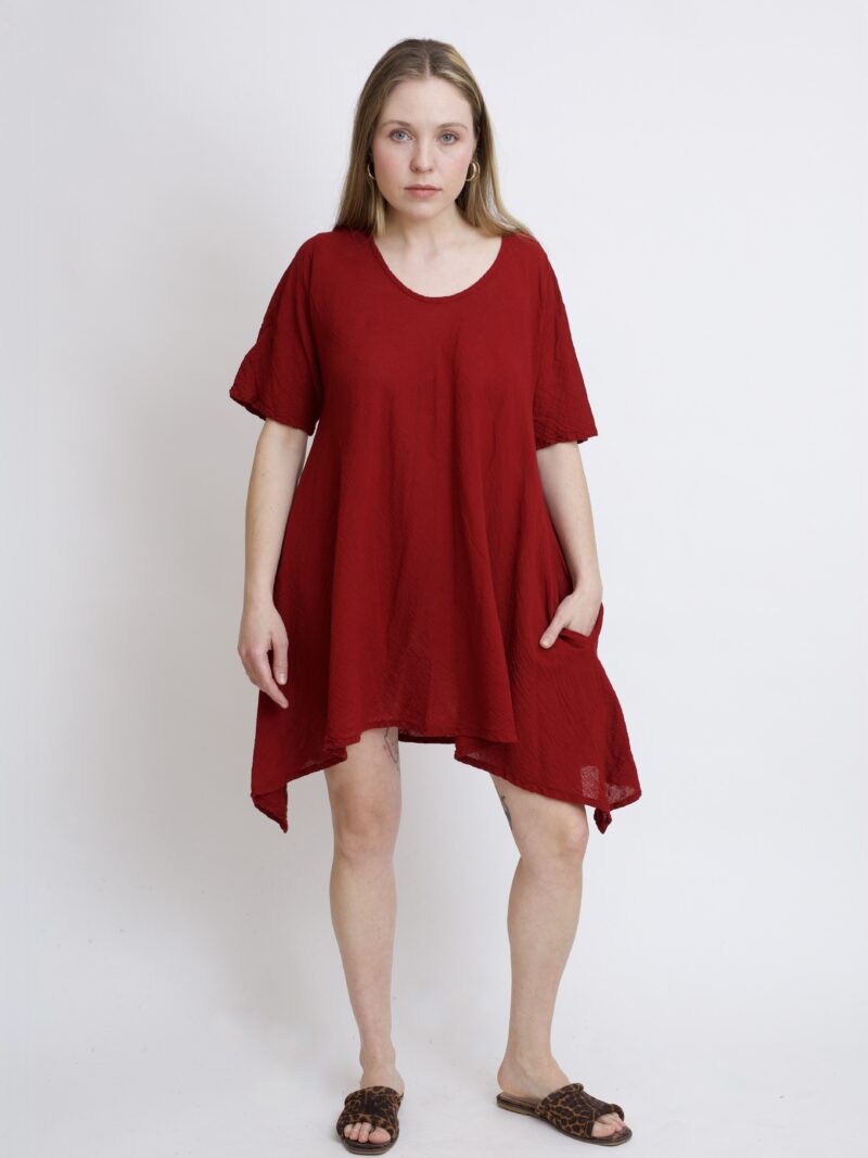 tunika damska oversize, bawełniana z długimi bokami w kolorze burgund